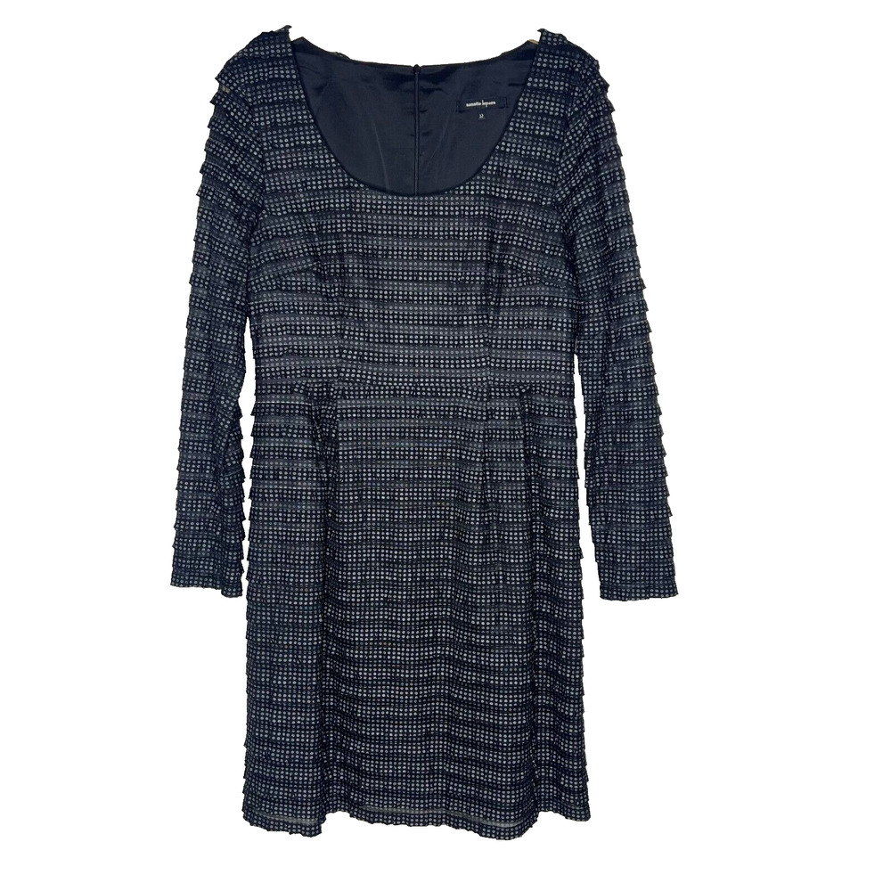 Nanette Lepore Dress Sz 12 Fifi Ruffled Polka Dot Black Gray Shift Sheath‎